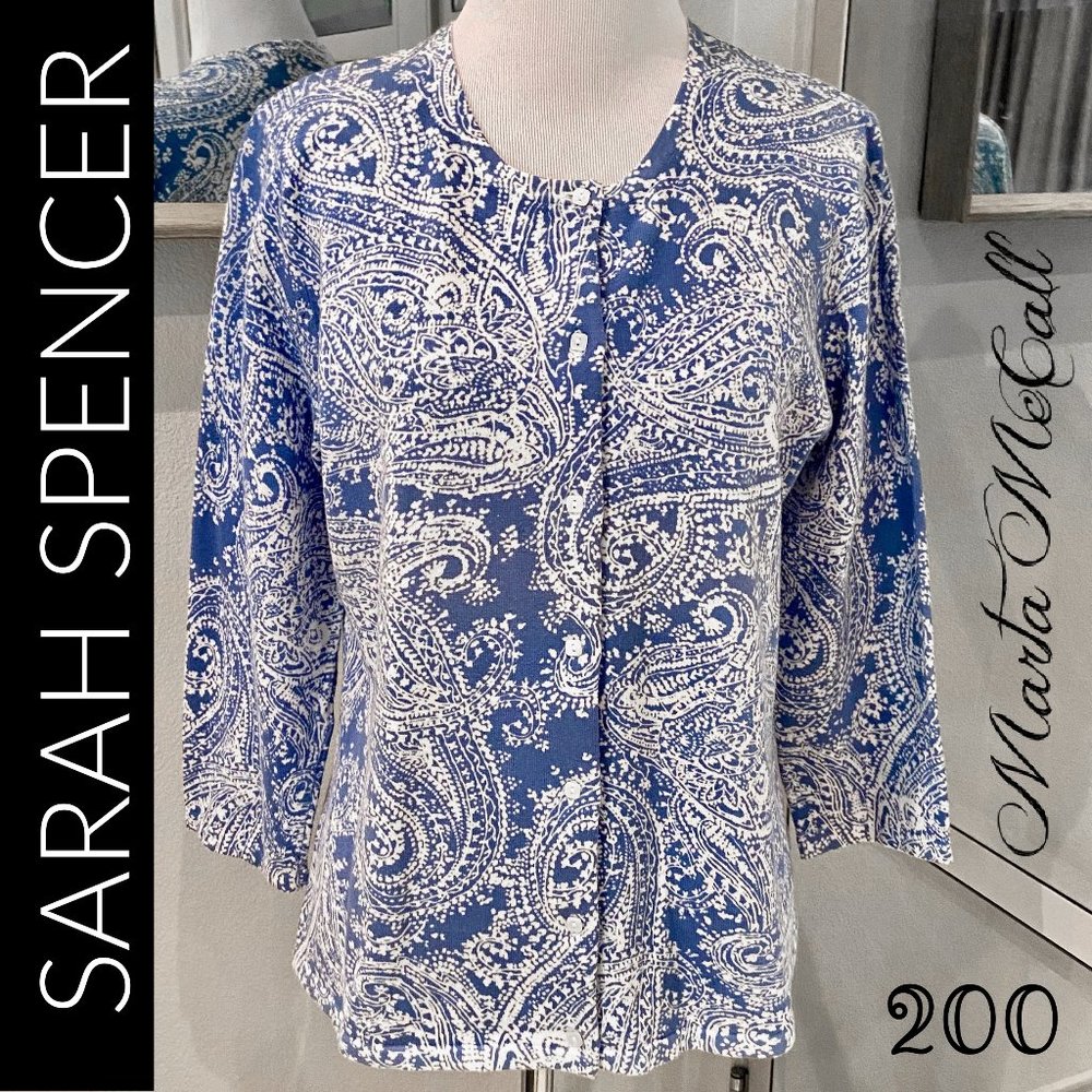 SARAH SPENCER blue white cardigan Small